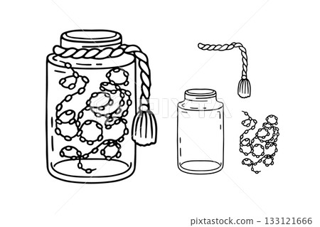 Hand drawn doodle hygge led light garland in glass jar clipart vector illustration. Cozy domestic christmas lamp line art 133121666