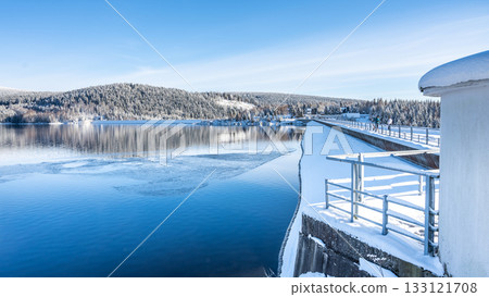 Spruce forests of Jizera Mountains reflected in Josefuv Dul Dam on sunny winter day, Czech Republic Spruce forests of Jizera Mountains reflected in Josefuv Dul Dam on sunny winter day, Czech Republic 133121708