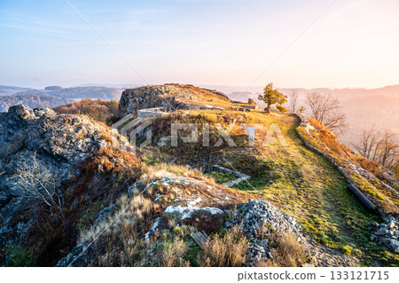 Kalich medieval castle ruins on the mountain summit. Used by Hussite movement army leader Jan Zizka of Trocnov. Trebusin village in Central Bohemian Uplands, Czech Republic 133121715