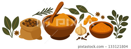 Assortment of aromatic spices and fragrant herbs. Vector collection Assortment of aromatic spices and fragrant herbs. Vector collection 133121804