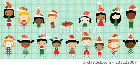 Cute vector kids stick figures with red Santa hats, children illustration for holiday greeting cards and designs Cute vector kids stick figures with red Santa hats, children illustration for holiday greeting cards and designs 133122007