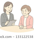 Illustration of a scene where a care manager and an elderly person are consulting (hand-drawn style) 133122538