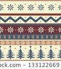A cozy Scandinavian-style winter pattern featuring snowflakes, fir trees, and decorative stripes. Perfect for packaging, textiles, holiday cards, and festive designs 133122669