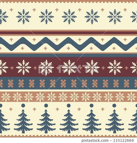 A cozy Scandinavian-style winter pattern featuring snowflakes, fir trees, and decorative stripes. Perfect for packaging, textiles, holiday cards, and festive designs A cozy Scandinavian-style winter pattern featuring snowflakes, fir trees, and decorative stripes. Perfect for packaging, textiles, holiday cards, and festive designs 133122669