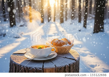 冬日清晨，樹樁上放著一碗湯和一些麵包。 133122698