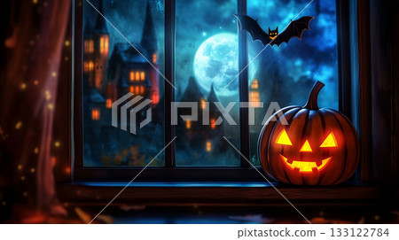 萬聖節南瓜和城堡背景AI圖像 133122784