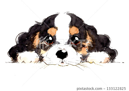 Watercolor illustration of a cute puppy lying down and looking at you Watercolor illustration of a cute puppy lying down and looking at you 133122825