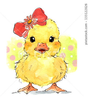 Watercolor illustration of a chick with a big ribbon 133122826