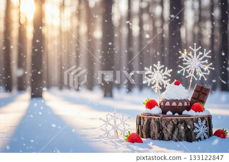 Cake placed on a stump in snowy winter Cake placed on a stump in snowy winter 133122847