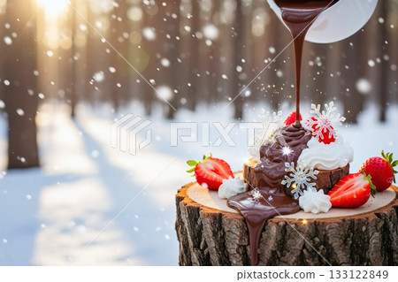 A cake placed on a tree stump and drizzled with chocolate A cake placed on a tree stump and drizzled with chocolate 133122849