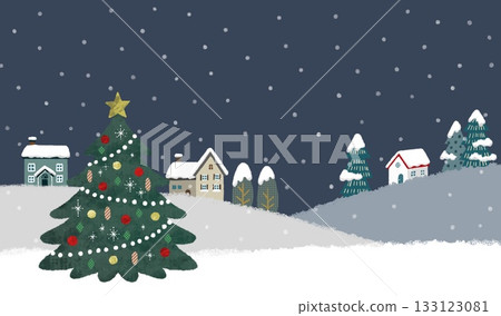 An illustration of a cute Christmas night with a Christmas tree and a Nordic house An illustration of a cute Christmas night with a Christmas tree and a Nordic house 133123081
