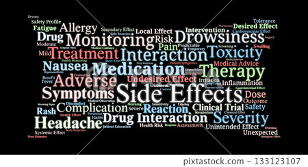 Side Effects Word Cloud. Key Terms About Drug Reactions, Risks, Symptoms, And Safety. 133123107
