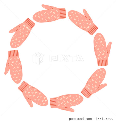 Simple vector illustration of cute pink knitted mittens arranged in a circular frame. Winter holiday design, Christmas decoration, isolated on white background, perfect for greeting cards and prints Simple vector illustration of cute pink knitted mittens arranged in a circular frame. Winter holiday design, Christmas decoration, isolated on white background, perfect for greeting cards and prints 133123299
