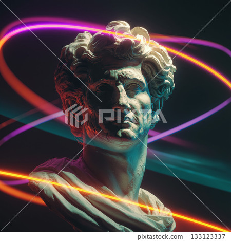 Marble bust illuminated with colorful lights in a dark setting, creating an ethereal atmosphere of art and beauty Marble bust illuminated with colorful lights in a dark setting, creating an ethereal atmosphere of art and beauty 133123337