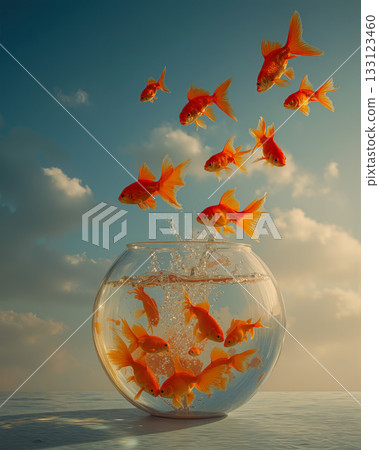 Goldfish leap from their bowl into the air under a sunny sky in a playful display of energy and freedom 133123460