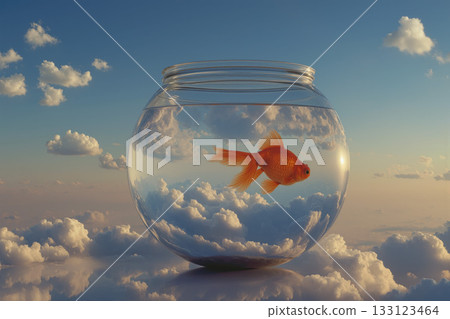 Glass fishbowl filled with clouds and sky, creating a dreamy and surreal atmosphere Glass fishbowl filled with clouds and sky, creating a dreamy and surreal atmosphere 133123464