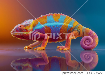 Chameleon shows vibrant colors with stunning gradient reflection in a colorful setting 133123527