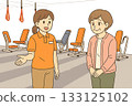 Illustration of a caregiver and an elderly woman showing exercise equipment at a day care center 133125102