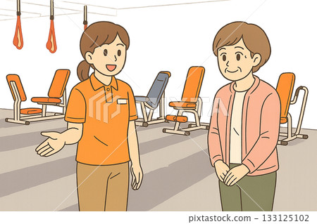 Illustration of a caregiver and an elderly woman showing exercise equipment at a day care center Illustration of a caregiver and an elderly woman showing exercise equipment at a day care center 133125102