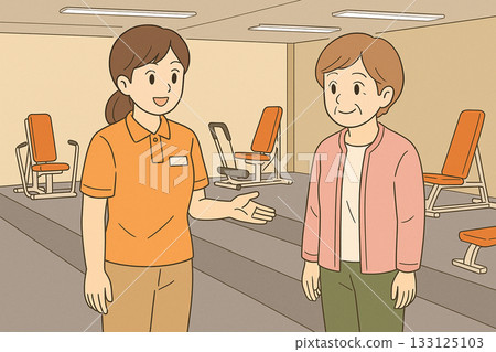 工作人員和使用者在專門的功能性訓練日服務中講解健身器材 133125103