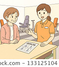 Illustration of a day care worker carefully explaining exercise equipment to elderly people 133125104