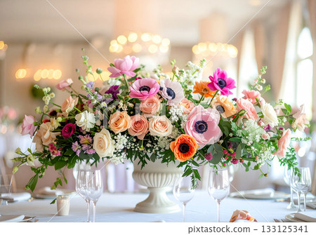 婚禮宴會桌上擺放著精美的花卉裝飾。 133125341