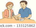 Illustration of a caregiver and user performing a vital sign check at a day care center 133125862