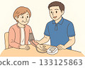 Illustration of a caregiver and an elderly woman measuring blood pressure at a day care center 133125863