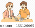 Illustration of a female staff member measuring the blood pressure of an elderly woman at a day care center 133126065