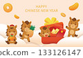 Playful horse mascots celebrate Chinese New Year; red gift boxes, posters, or greeting cards. 133126147