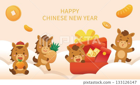 Playful horse mascots celebrate Chinese New Year; red gift boxes, posters, or greeting cards. 133126147
