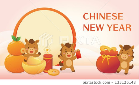 Posters for the Year of the Horse, featuring traditional cultural elements, oranges and gold coins, and the Chinese Lunar New Year. 133126148