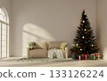 Holiday celebration cozy living room with festive decorations. 3D render illustration 133126224