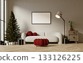 Holiday celebration modern living area with Christmas tree and gifts. 3D render illustration 133126225