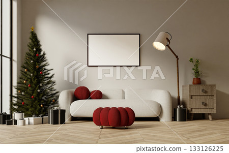 Holiday celebration modern living area with Christmas tree and gifts. 3D render illustration Holiday celebration modern living area with Christmas tree and gifts. 3D render illustration 133126225