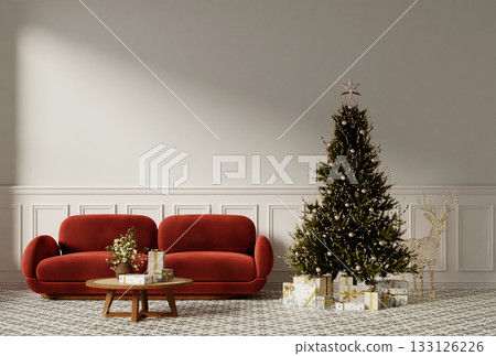 Holiday celebration elegant living room with Christmas decor and gifts. 3D render illustration Holiday celebration elegant living room with Christmas decor and gifts. 3D render illustration 133126226