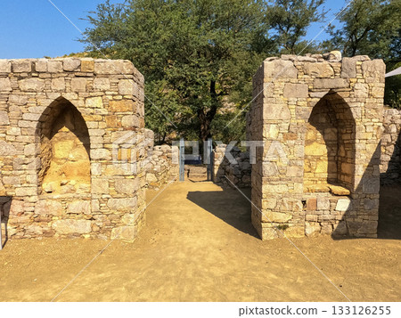 Heritage Twin stone arch niches marking monastery entrance Mohra Muradu Buddhist ruins Taxila Pakistan 133126255