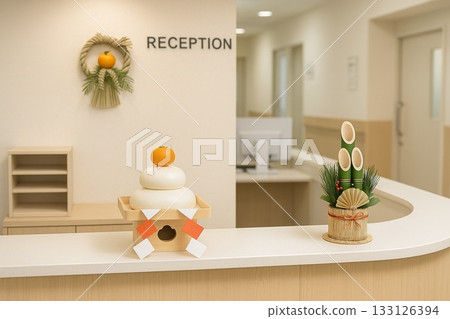 Kagami mochi and kadomatsu New Year decorations at the hospital reception 133126394