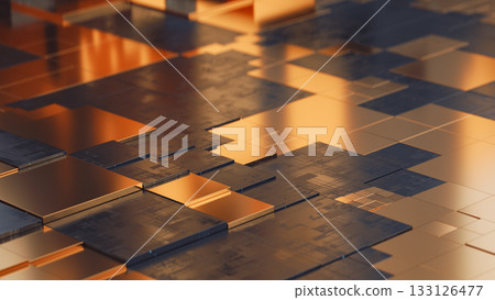 Abstract urban landscape in tech-art style: golden cubes and black grids Abstract urban landscape in tech-art style: golden cubes and black grids 133126477