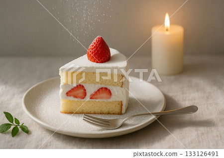 Strawberry cake served on a white plate 133126491