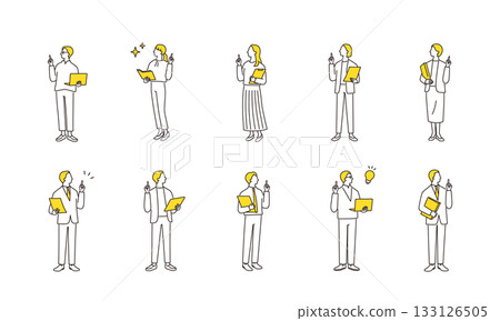 商務人士手持電腦或文件時有想法的全身插圖集 133126505