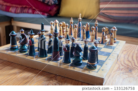 Kyrgyzstan nomadic style of chessboard at display room in guest house of Bishkek.  133126758