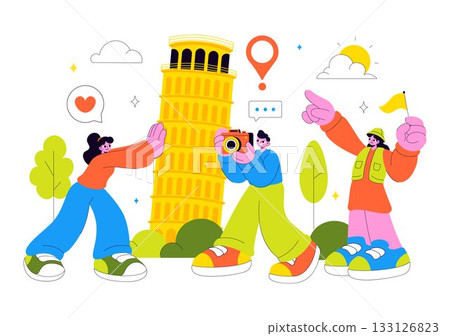 Travel Guide and Tour Vector Illustration Showing Interesting Places to a Group of Tourists for Vacation Planning in a Flat Style Cartoon Background 133126823