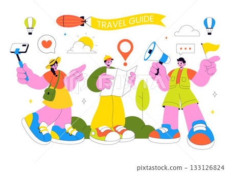 Travel Guide and Tour Vector Illustration Showing Interesting Places to a Group of Tourists for Vacation Planning in a Flat Style Cartoon Background 133126824