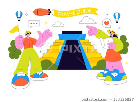 Travel Guide and Tour Vector Illustration Showing Interesting Places to a Group of Tourists for Vacation Planning in a Flat Style Cartoon Background 133126827