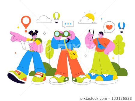 Travel Guide and Tour Vector Illustration Showing Interesting Places to a Group of Tourists for Vacation Planning in a Flat Style Cartoon Background 133126828