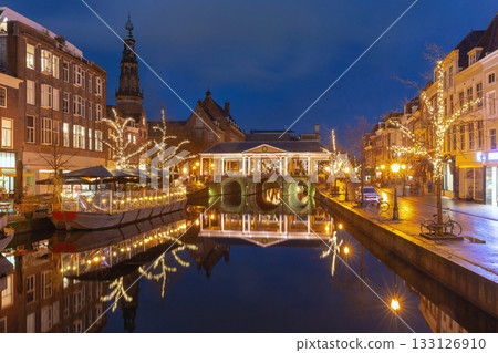 Corn Bridge in Leiden Netherlands decorated at sunset 133126910