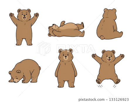 Cute bear illustration set, brown bear in various poses, hand-drawn style, animal 133126923