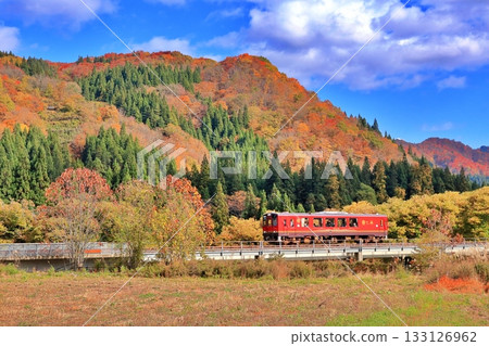 秋田內陸重函鐵道柴油動車組穿梭於秋葉之間。 秋田內陸重函鐵道柴油動車組穿梭於秋葉之間。 133126962