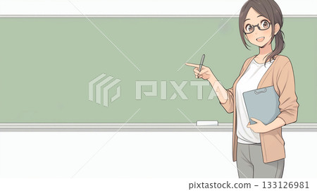 A smiling female teacher standing in front of the blackboard and explaining with a pen 133126981